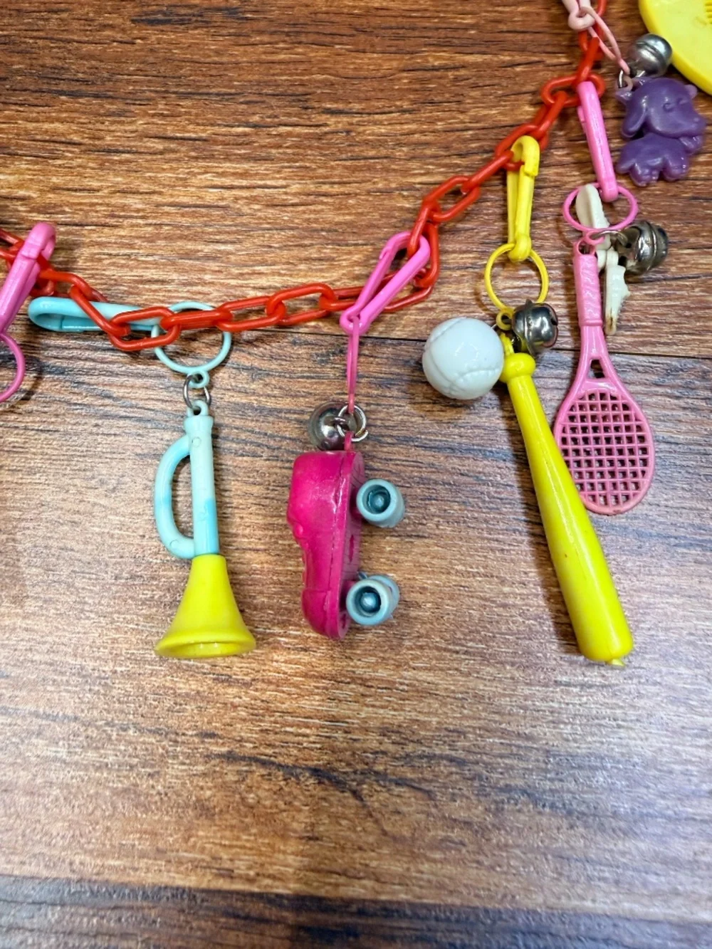 1980s BELL CHARMS Plastic Link Chain Necklace with 23 Charms